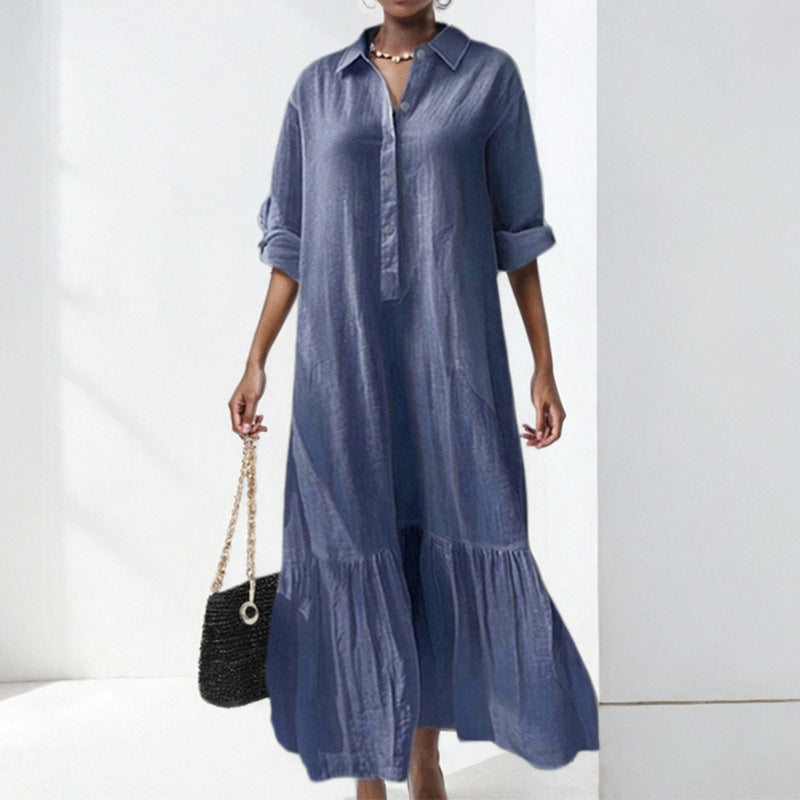 Asymmetrical Shirt Collar Button-Up Casual Long Sleeve Dress
