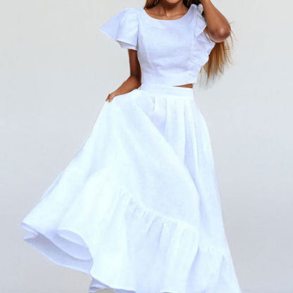 Two-Piece Set with Ruffled Short-Sleeve Crop Top and High-Waisted Solid Color Maxi Skirt