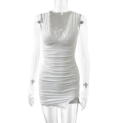 V-Neck Lace Side-Slit Bodycon Mini Dress