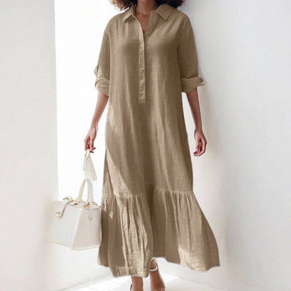 Asymmetrical Shirt Collar Button-Up Casual Long Sleeve Dress
