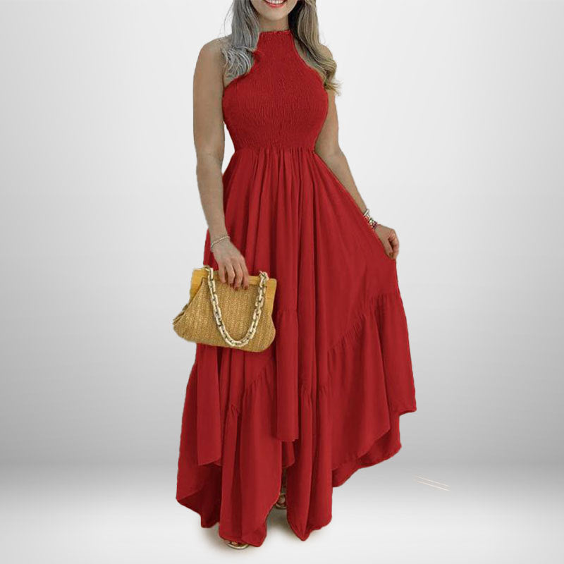 Ruched Sleeveless Solid Color Asymmetrical Flared Dress